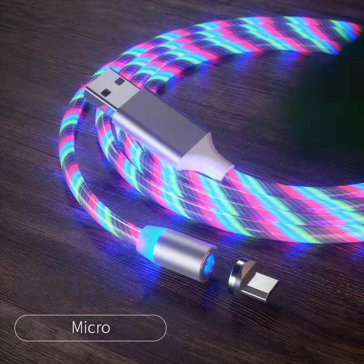 Magnetic LED fast charging cable with vibrant lights, Micro USB connector, on dark surface.