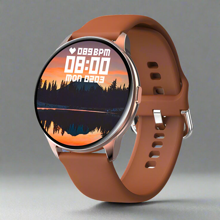 Y90 Smart Watch with brown silicone strap, displaying time and heart rate.