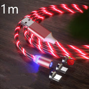 Magnetic LED fast charging cable with Type-C, Micro USB, and Lightning connectors, 1m length, red color.