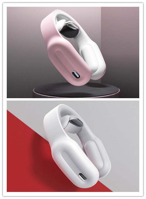 Multifunctional massage neck massager in pink and white with remote control.