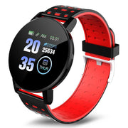 Bluetooth smart watch with red TPU strap and LED display showing time and steps.