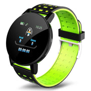 Bluetooth smart watch with green strap and LED display.