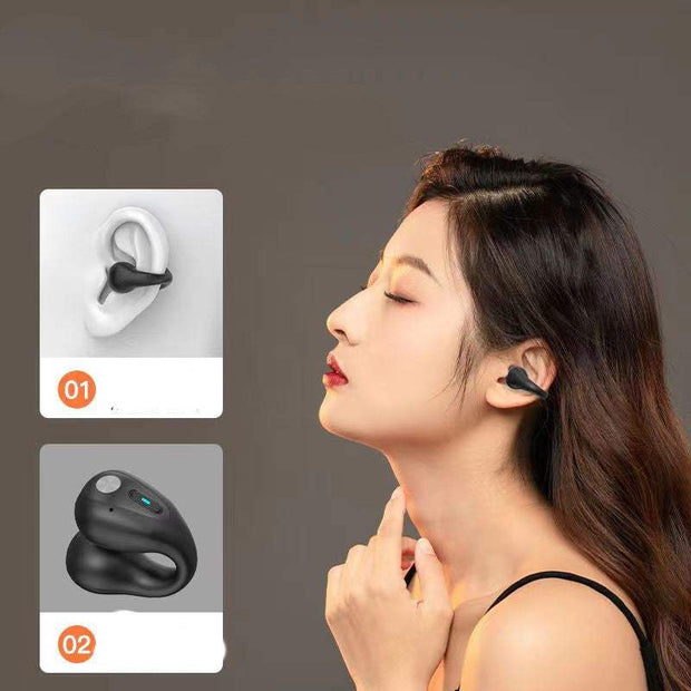 Bone conduction headphones on ear model with detachable design and charging case display.