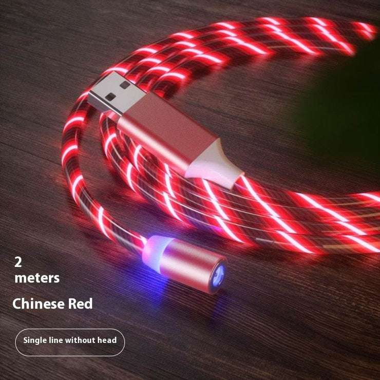 Magnetic LED fast charging cable in Chinese red, 2 meters long, glowing with a vibrant LED light.