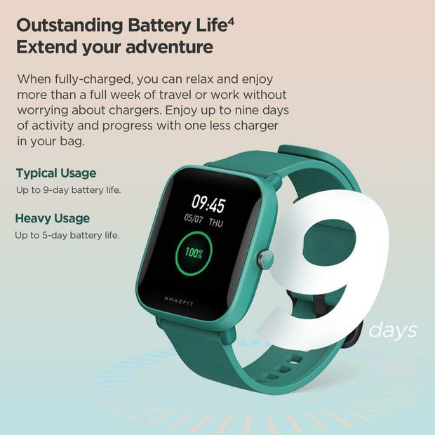 Smart blood oxygen phone watch with outstanding battery life, showcasing typical 9-day usage on a vibrant display.