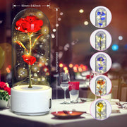 Creative 2-in-1 rose LED light and Bluetooth speaker with glass cover, perfect for romantic ambiance and decorative projects.