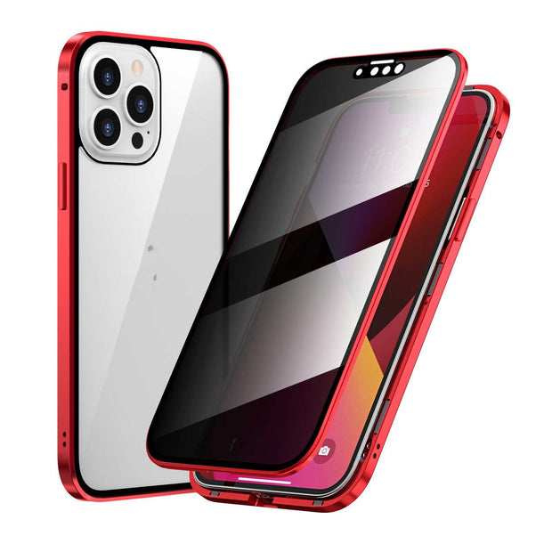 Privacy-proof Magneto phone case with double-sided metal frame for Apple models in red.