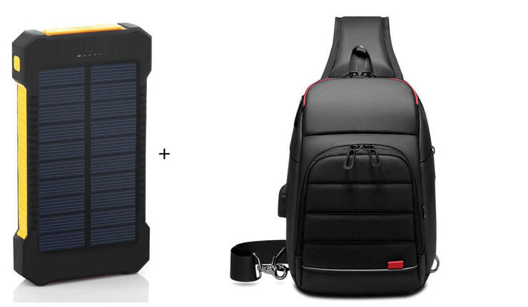 Universal ultra-thin solar charger with black chest bag; portable power solution for camping and travel.