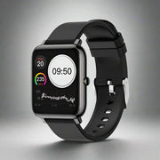 Black P22 smartwatch with IPS color screen displaying time and health data.