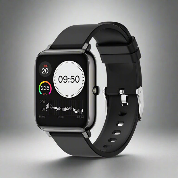 Black P22 smartwatch with IPS color screen displaying time and health data.