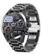 Men's Bluetooth smartphone watch with stainless steel strap, digital display, and health monitoring features.