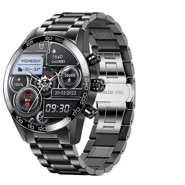 Men's Bluetooth smartphone watch with stainless steel strap, digital display, and health monitoring features.