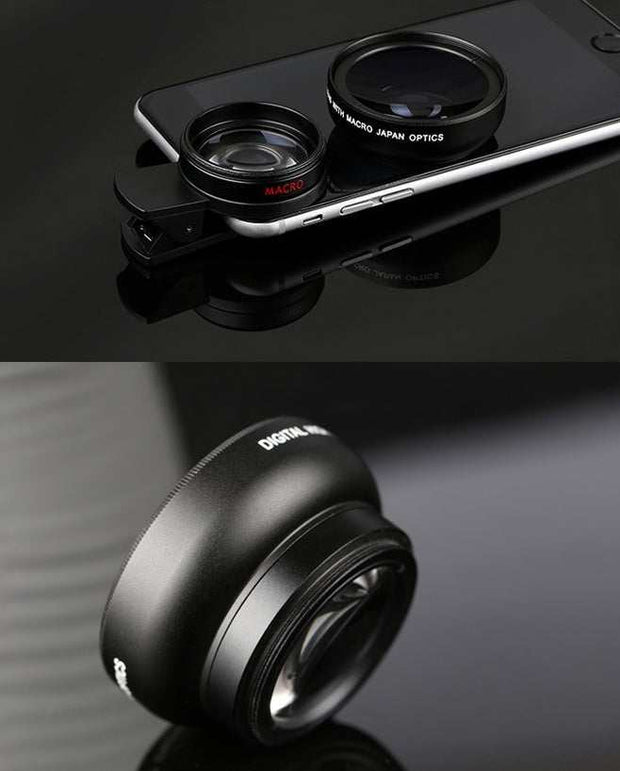 Universal mobile phone lens with 0.45X wide angle and 12.5X macro capability for high-definition photography.