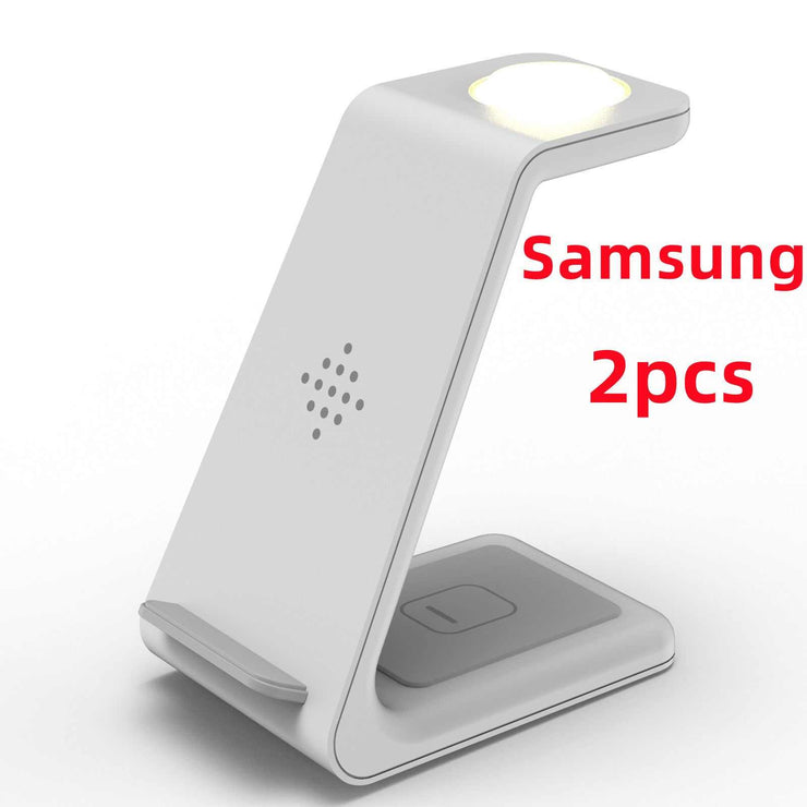 3 in 1 fast wireless charging station for Samsung devices, sleek white design.