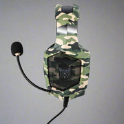 K8 camouflage headphones with 3.5mm plug and inline design suitable for PS4, Xbox One, iPhone, and iPad.