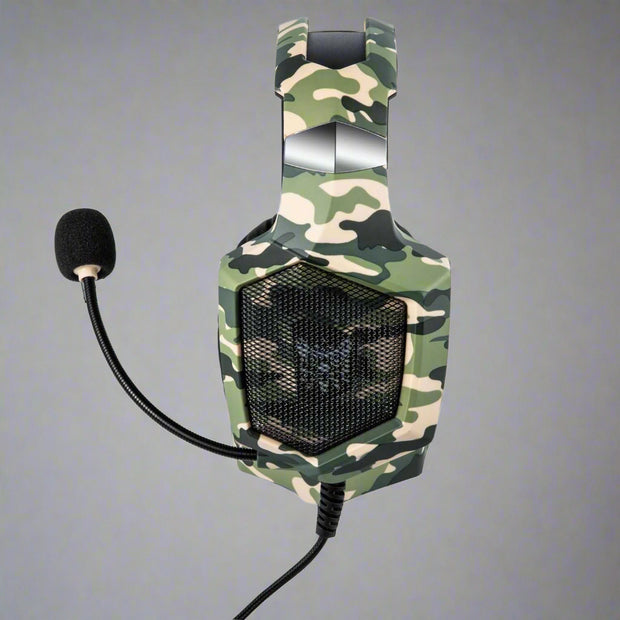 K8 camouflage headphones with 3.5mm plug and inline design suitable for PS4, Xbox One, iPhone, and iPad.