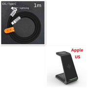 3-in-1 fast wireless charging station with stand for iPhone and Apple devices, includes Type-C cable.