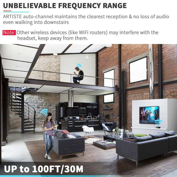 TV Wireless Headphones with 100ft range in modern home setting.