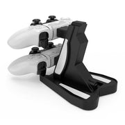 Dual PS5 Controller Charging Stand with USB to TYPE-C interface, holds two controllers, black and white design.