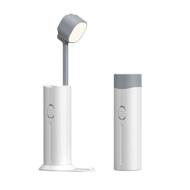 Multi-function desk lamp with LED flashlight and power bank, rechargeable and portable.