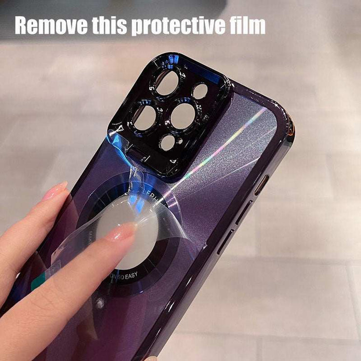 Electroplated phone case with CD pattern and invisible magnetic stand shown in purple.