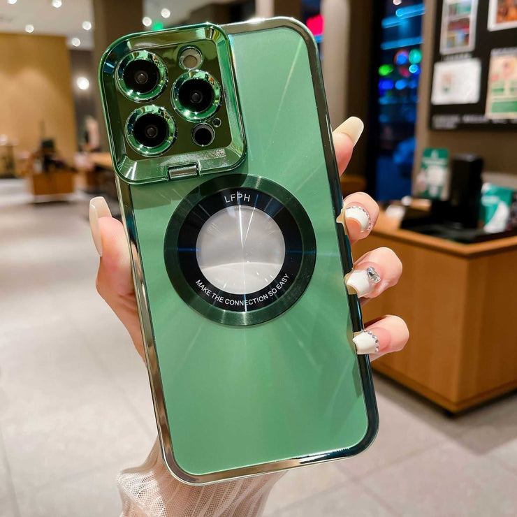 Luxury electroplated phone case with CD pattern and magnetic suction for iPhone, shown in green.