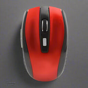 Red and black wireless office computer mouse, 100x60x35mm.