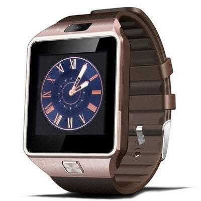 Sports Smart Watch DZ09 Card Phone Watch with brown strap and digital display.