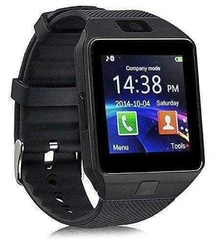 Sports Smart Watch DZ09 Card Phone with touch screen display and classic black wristband.