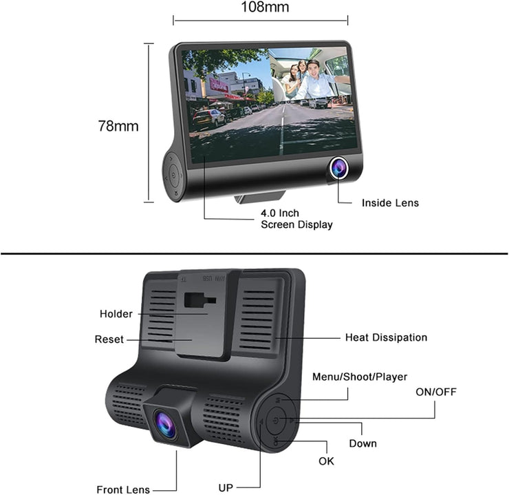 1080P High-definition Three-record Driving Recorder with front and inside lens, 4-inch screen display, and detailed controls.