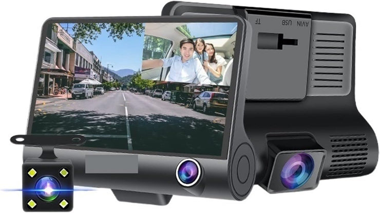 1080P High-definition Three-record Driving Recorder with front and rear cameras.