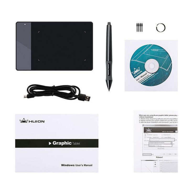 HUION 420 electronic drawing board with stylus, USB cable, software CD, and user manuals.