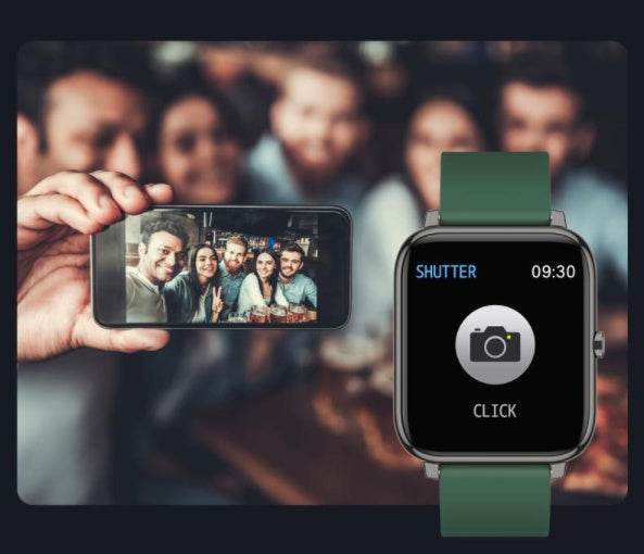 Green P22 smart watch displaying camera shutter control against a group photo background.