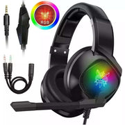 Gaming headset for Xbox One and PS4 with RGB over-ear headphones, adjustable microphone, and color-changing LED lights.