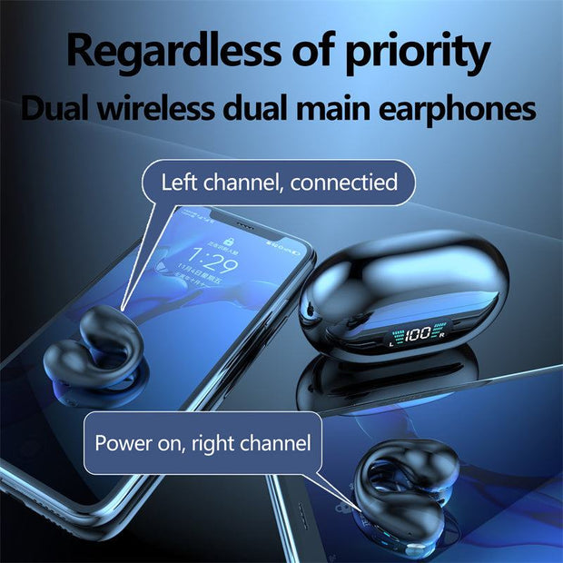 Bone conduction headphones with dual wireless earphones on a smartphone, showcasing left and right channel connectivity.