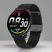 Y90 Smart Watch with black steel strap, displaying time, date, and health metrics on round screen.