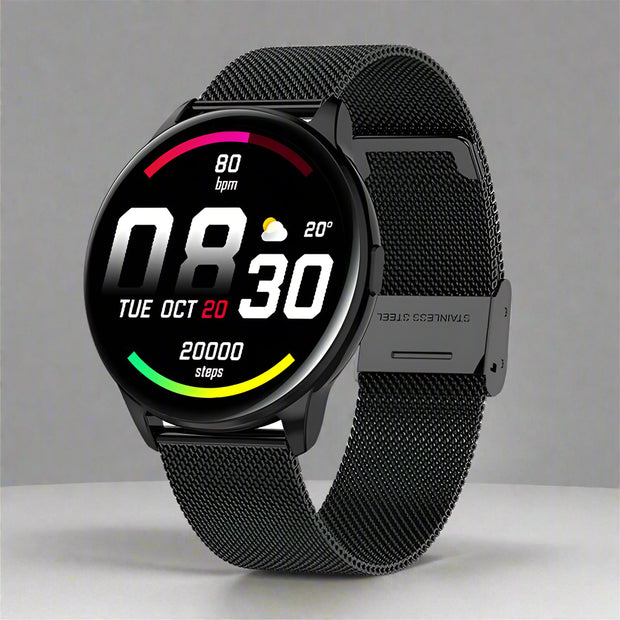 Y90 Smart Watch with black steel strap, displaying time, date, and health metrics on round screen.