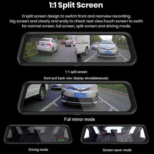 Front and rear dual dash cam with split screen feature displaying simultaneous views for enhanced road safety.