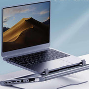 Laptop stand with 8-in-1 docking station, deep space grey, aluminum alloy and silica gel.