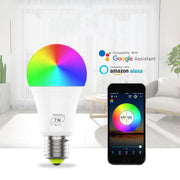 LED Smart Wifi Bulb with 7W power and RGB color control via smartphone app, compatible with Google Assistant and Amazon Alexa voice control in modern living room.