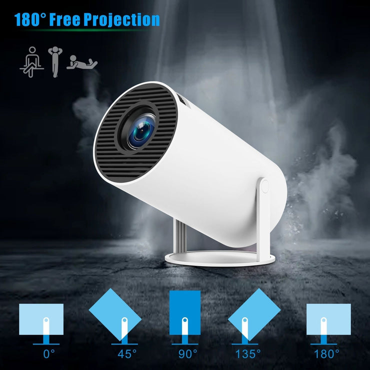 HY300 Pro Projector with 180° free projection feature in a home theater setup.