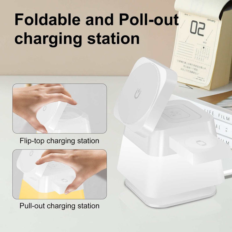 Foldable 4-in-1 rotatable wireless charging station with LED, magnetic charger for iPhone, Apple Watch, and AirPods.