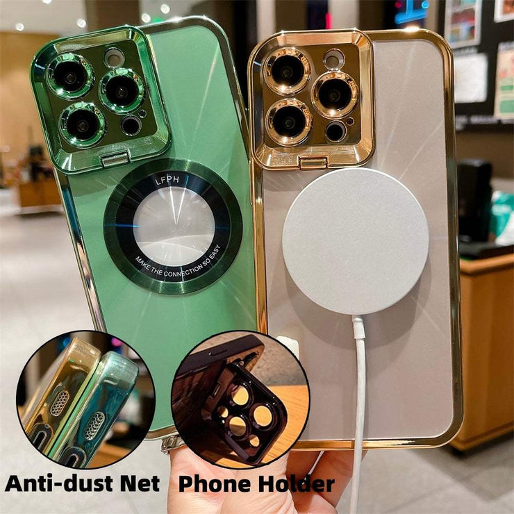 Electroplated luxury phone case with CD pattern, Magsafe compatibility, and invisible camera stand for iPhone models.