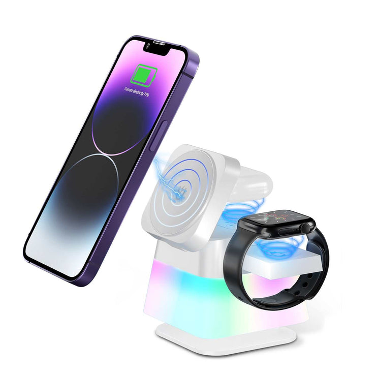 4-in-1 rotatable wireless charging stand with colorful LED, compatible with iPhone, Apple Watch, and AirPods.