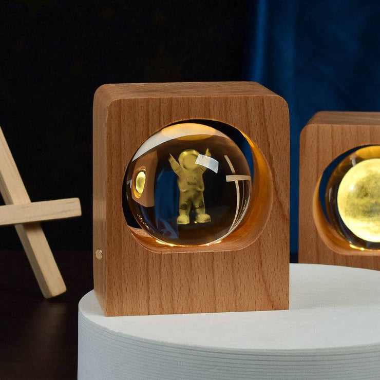 Beech Wood Crystal Ball Night Light with 3D Elk & Jellyfish Design, USB Dimmable LED Lamp.