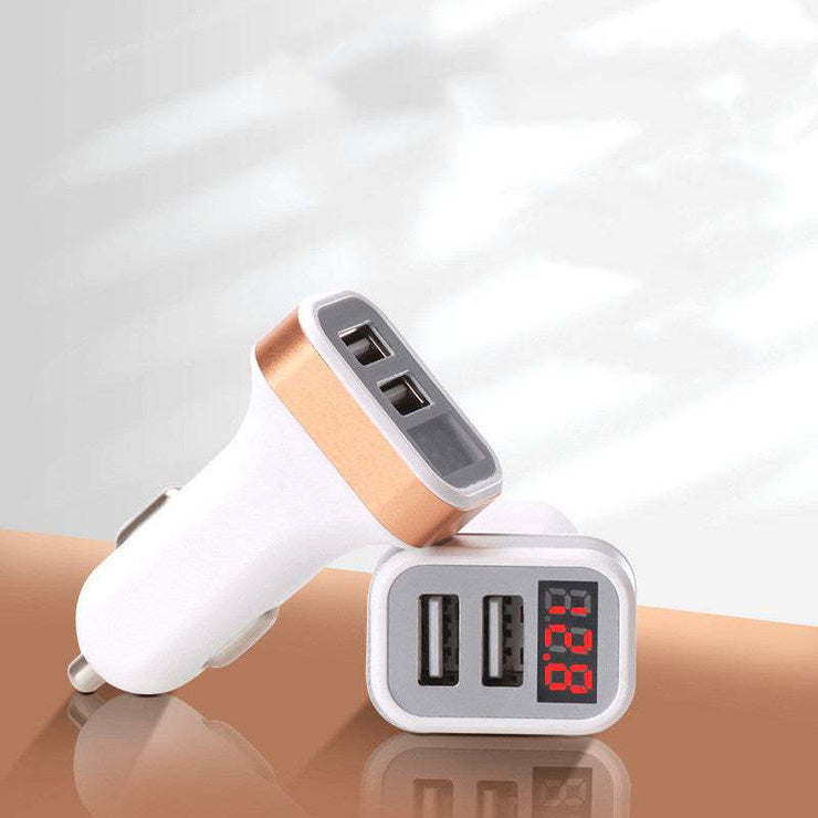 New Digital Display 2.1A Multi-function Car Charger with dual USB ports and LED voltage display.