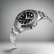Men's GMT luminous waterproof stainless steel watch with black dial and sapphire glass