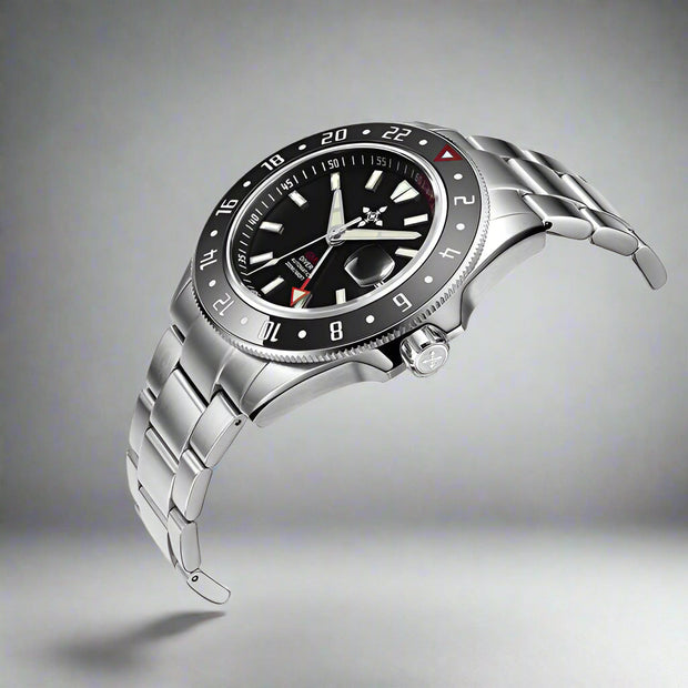 Men's GMT luminous waterproof stainless steel watch with black dial and sapphire glass