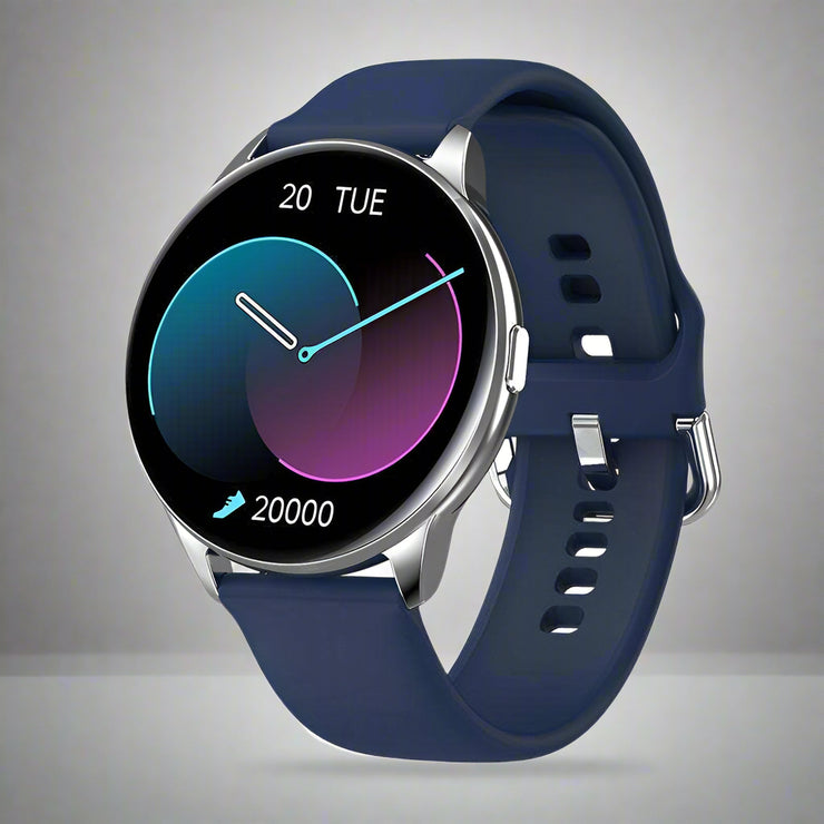 Y90 Smart Watch with blue silicone strap and touchscreen display, featuring fitness and health monitoring functions.