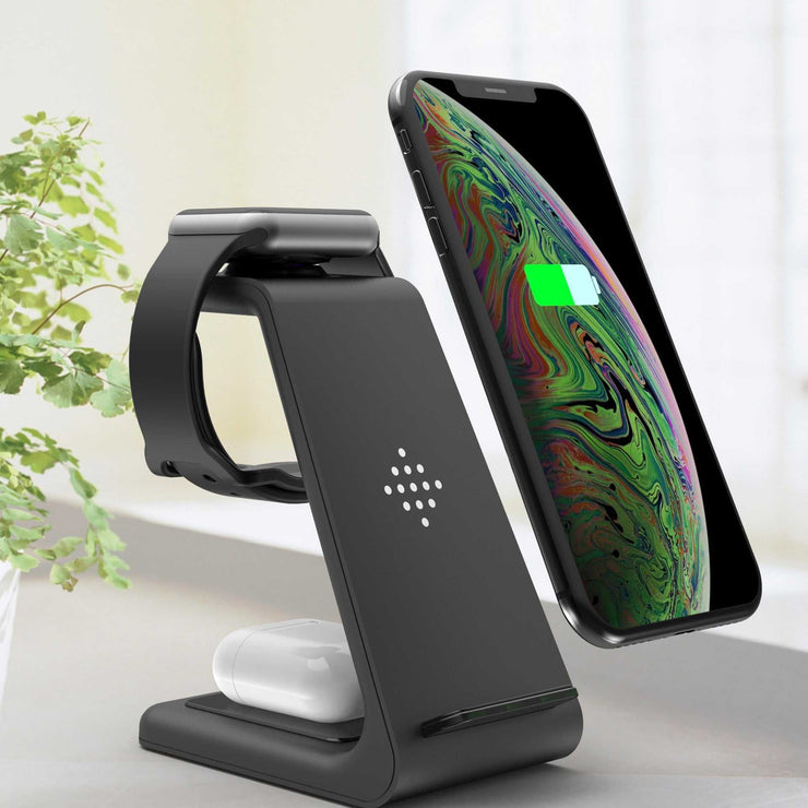 3 in 1 wireless charging station for phone, watch, and earphones.